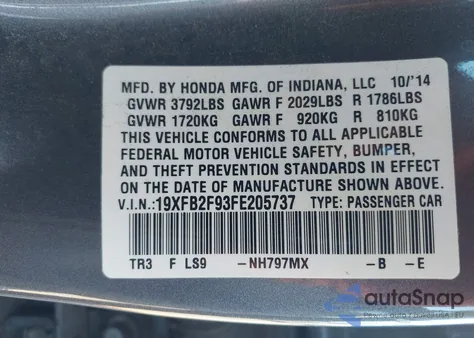 2015 Honda Civic Ex-L z USA, uszkodzony, nr VIN 19XFB2F93FE205737